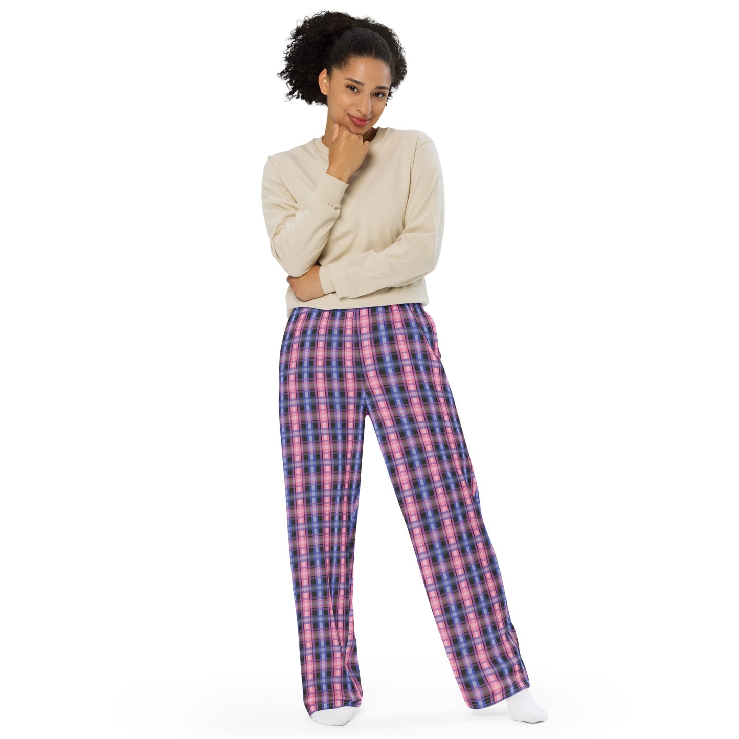 Genderfluid Pride Unisex Plaid Wide Leg Pants - LGBTQIA Pink White Purple Black Blue Flag - Parade Club PJ Pajamas