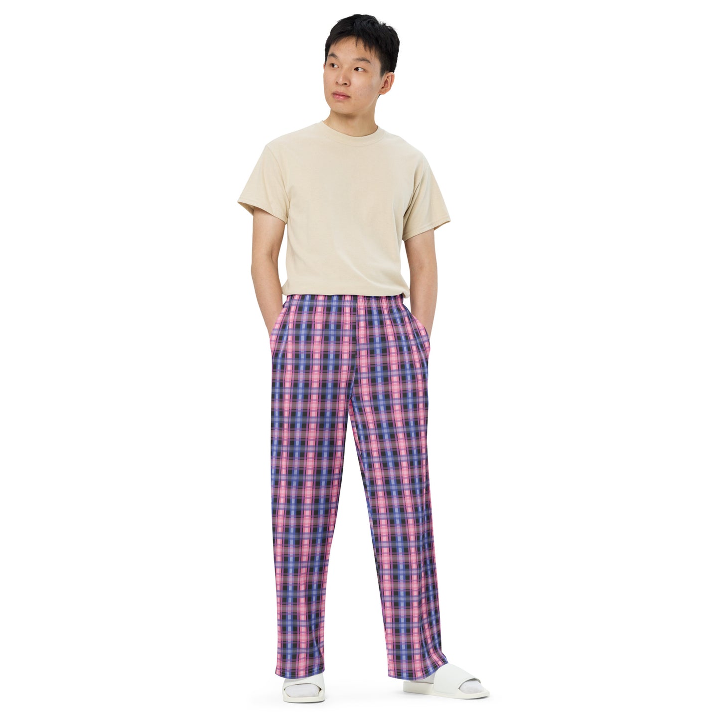 Genderfluid Pride Unisex Plaid Wide Leg Pants - LGBTQIA Pink White Purple Black Blue Flag - Parade Club PJ Pajamas