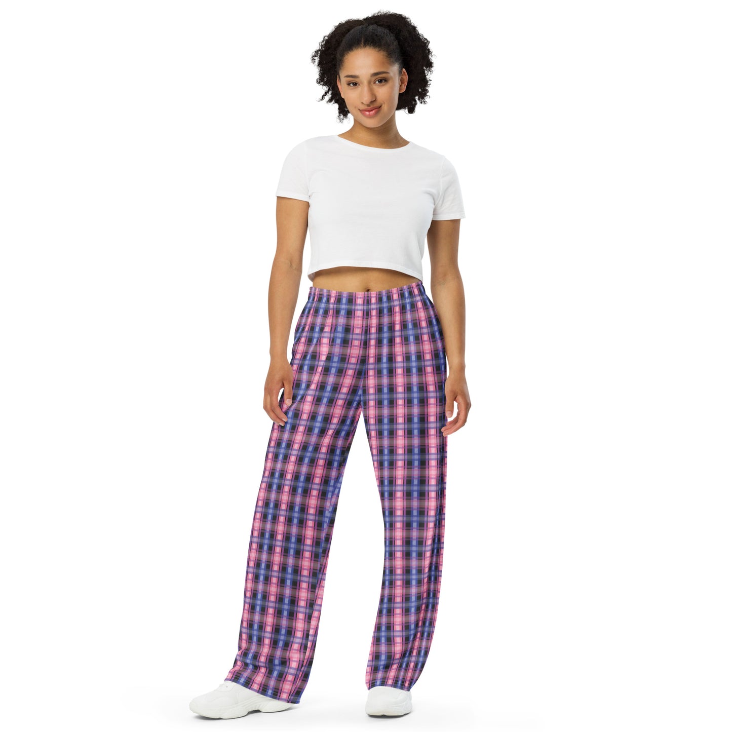 Genderfluid Pride Unisex Plaid Wide Leg Pants - LGBTQIA Pink White Purple Black Blue Flag - Parade Club PJ Pajamas