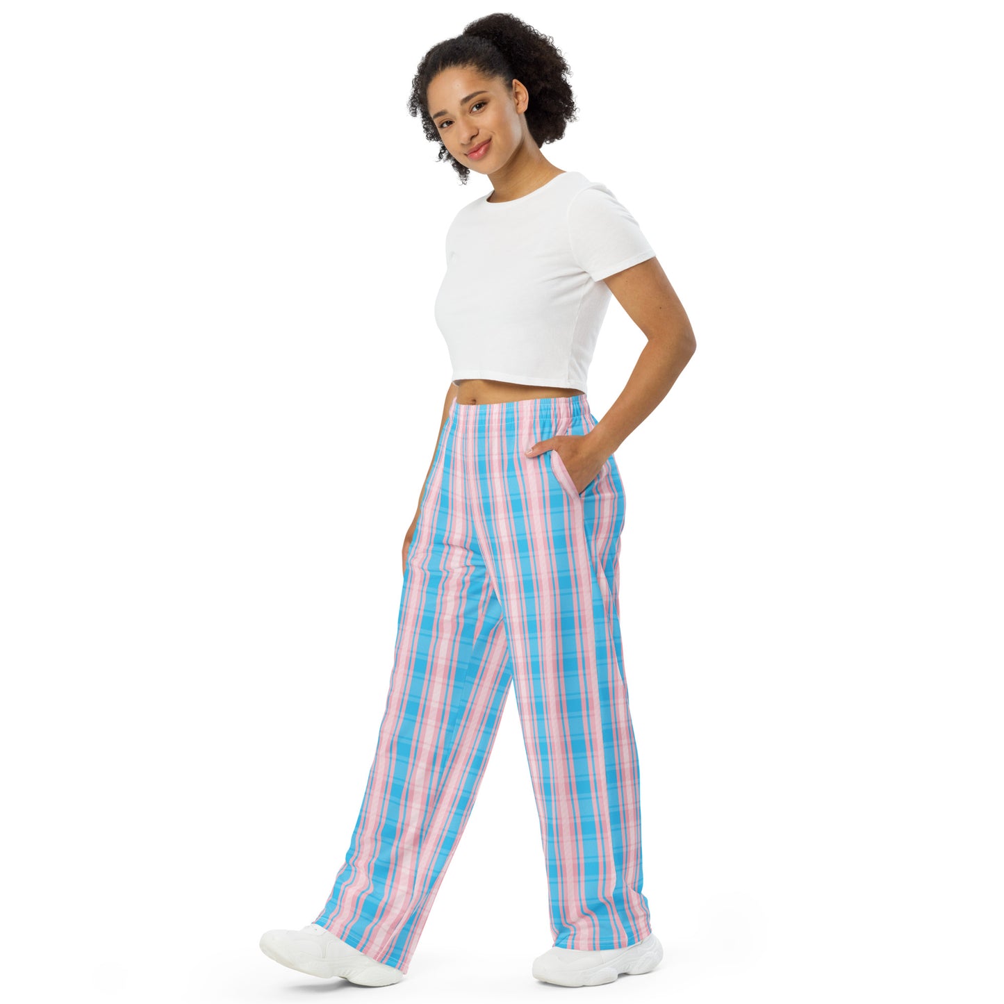 Transgender Pride Unisex Plaid Wide Leg Pants - LGBTQIA Pink White Blue Trans Flag - Parade Club PJ Pajamas