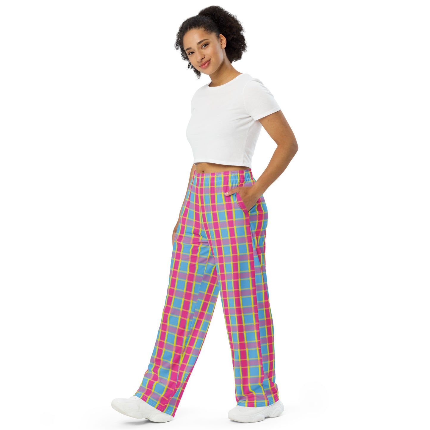 Pansexual Pride Unisex Plaid Wide Leg Pants - LGBTQIA Pink Yellow Blue Pan Flag - Parade Club PJ Pajamas