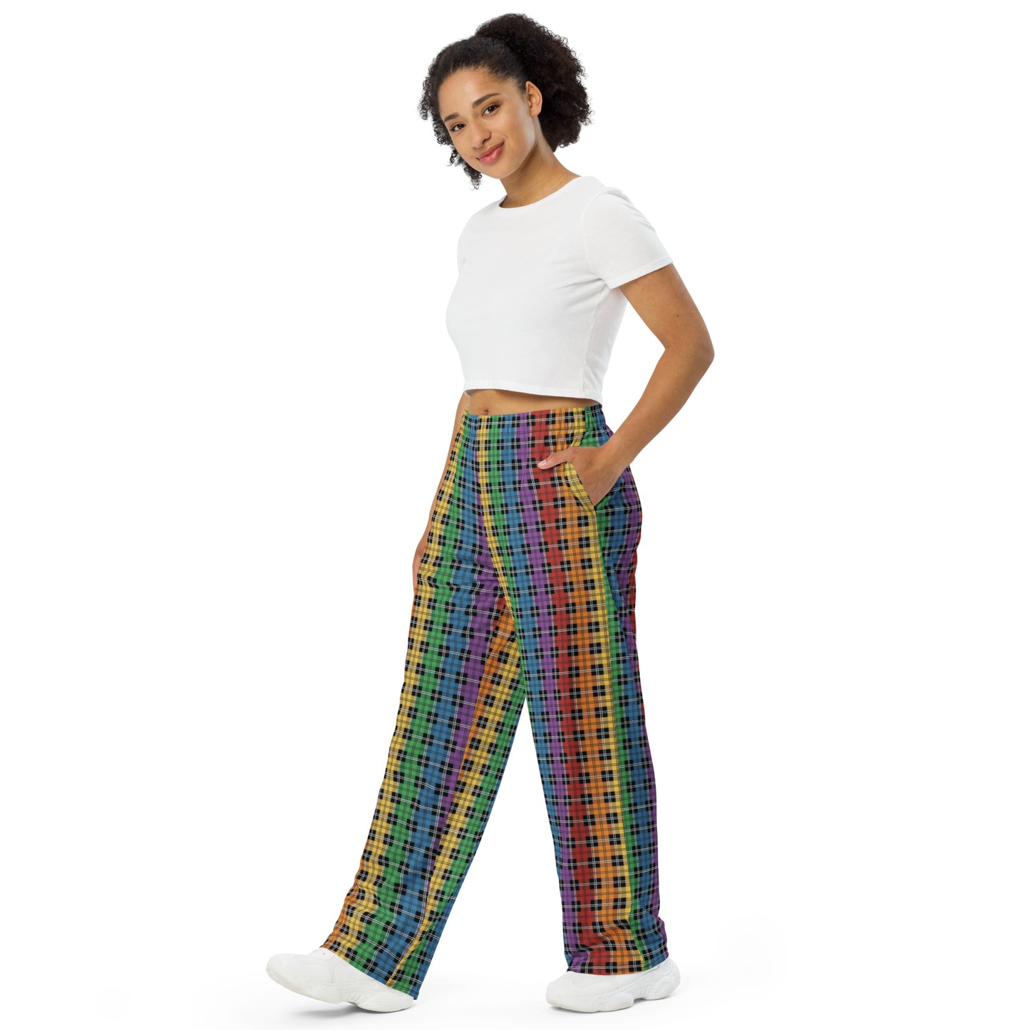 Gay Pride Unisex Rainbow Plaid Wide Leg Pants - LGBTQIA Rainbow Gay Flag - Parade Club PJ Pajamas