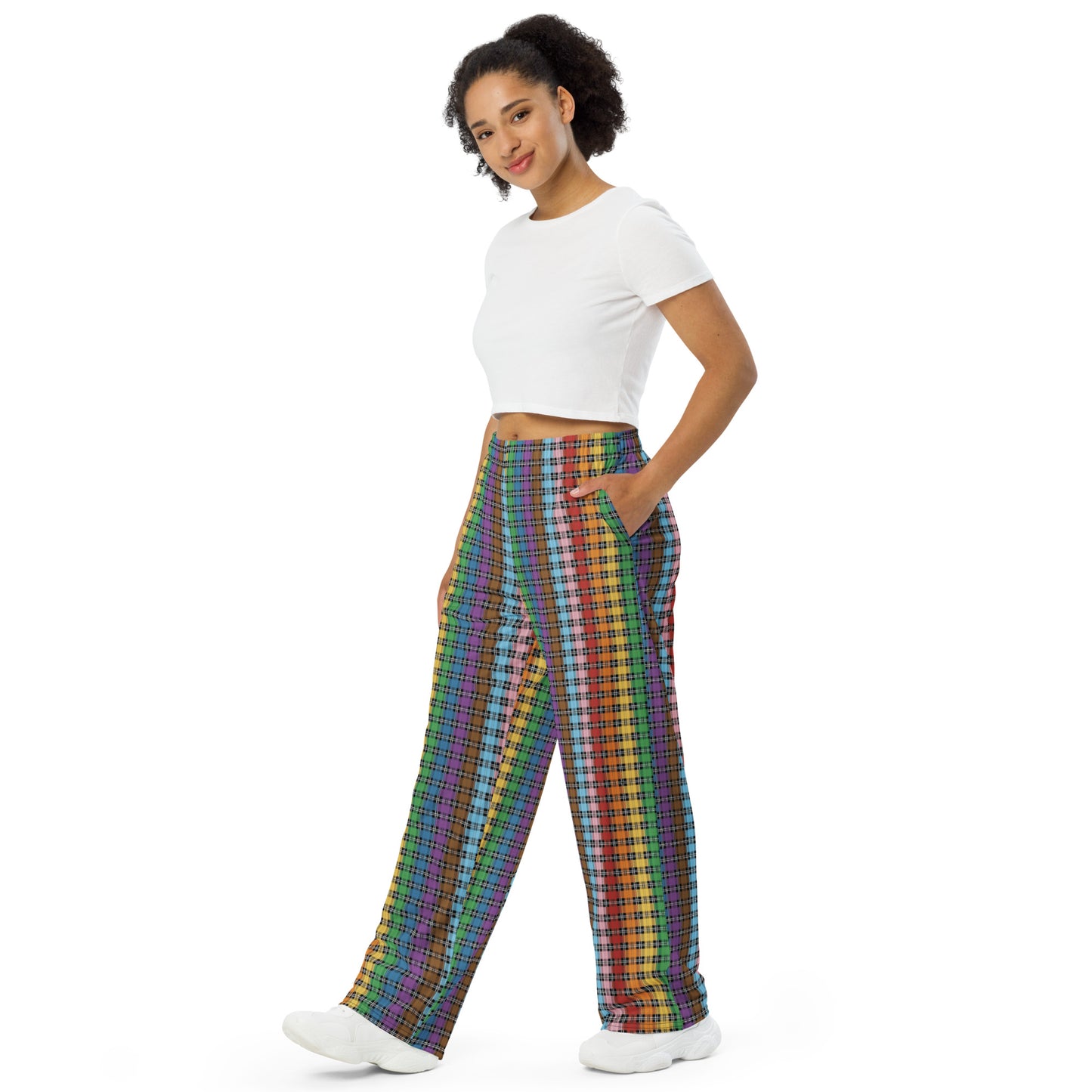 Progress Pride Unisex Rainbow Plaid Wide Leg Pants - LGBTQIA Rainbow Pink White Blue Gay Flag - Parade Club PJ Pajamas