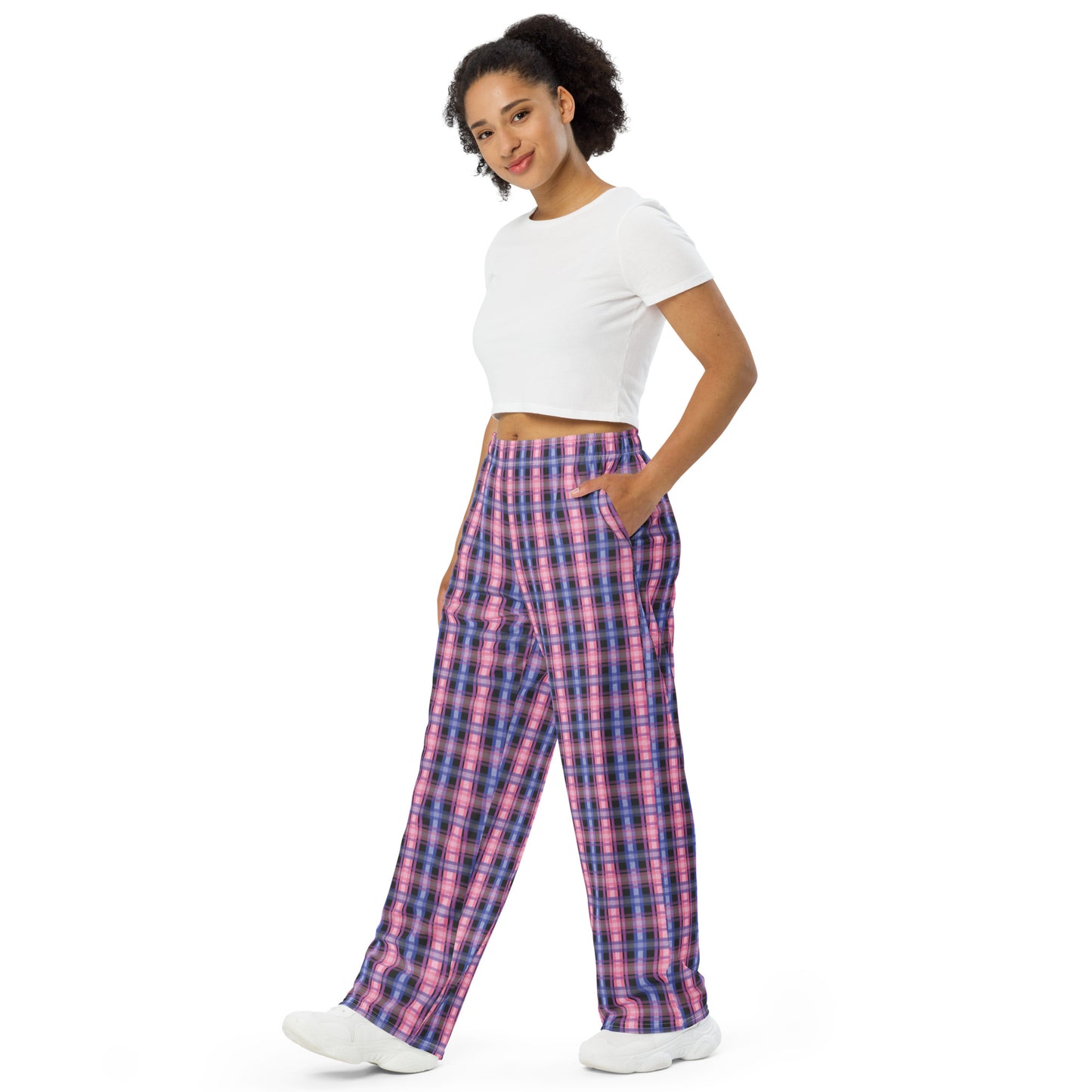 Genderfluid Pride Unisex Plaid Wide Leg Pants - LGBTQIA Pink White Purple Black Blue Flag - Parade Club PJ Pajamas