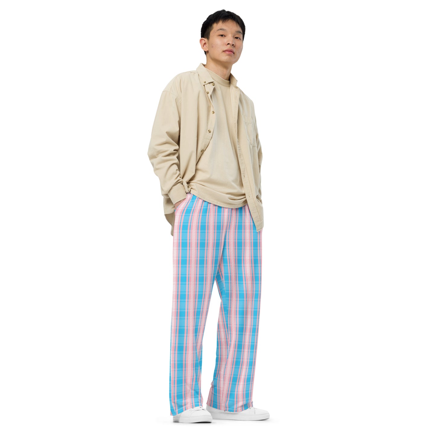 Transgender Pride Unisex Plaid Wide Leg Pants - LGBTQIA Pink White Blue Trans Flag - Parade Club PJ Pajamas