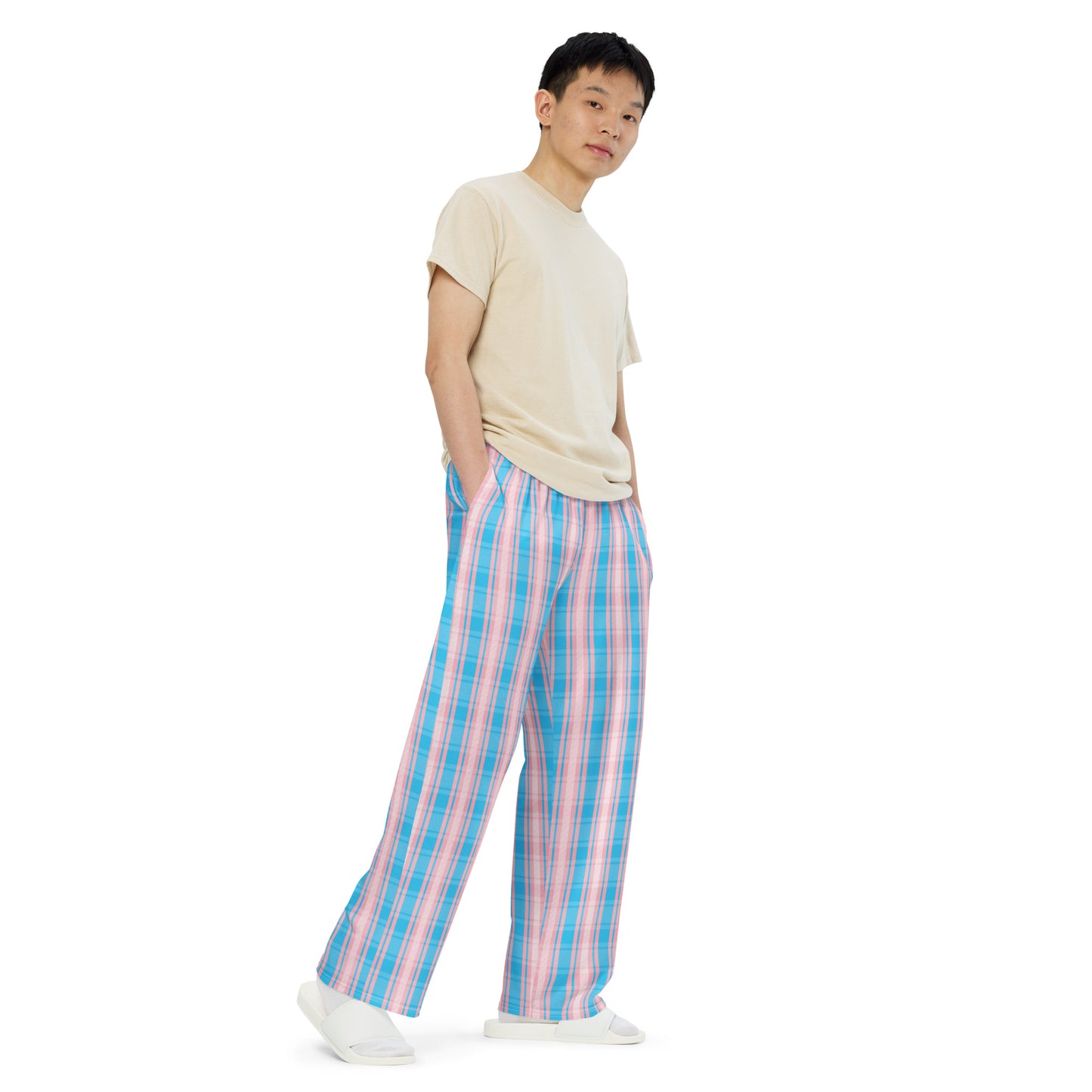 Transgender Pride Unisex Plaid Wide Leg Pants - LGBTQIA Pink White Blue Trans Flag - Parade Club PJ Pajamas