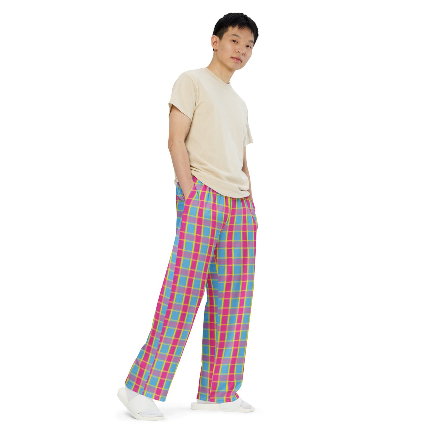 Pansexual Pride Unisex Plaid Wide Leg Pants - LGBTQIA Pink Yellow Blue Pan Flag - Parade Club PJ Pajamas