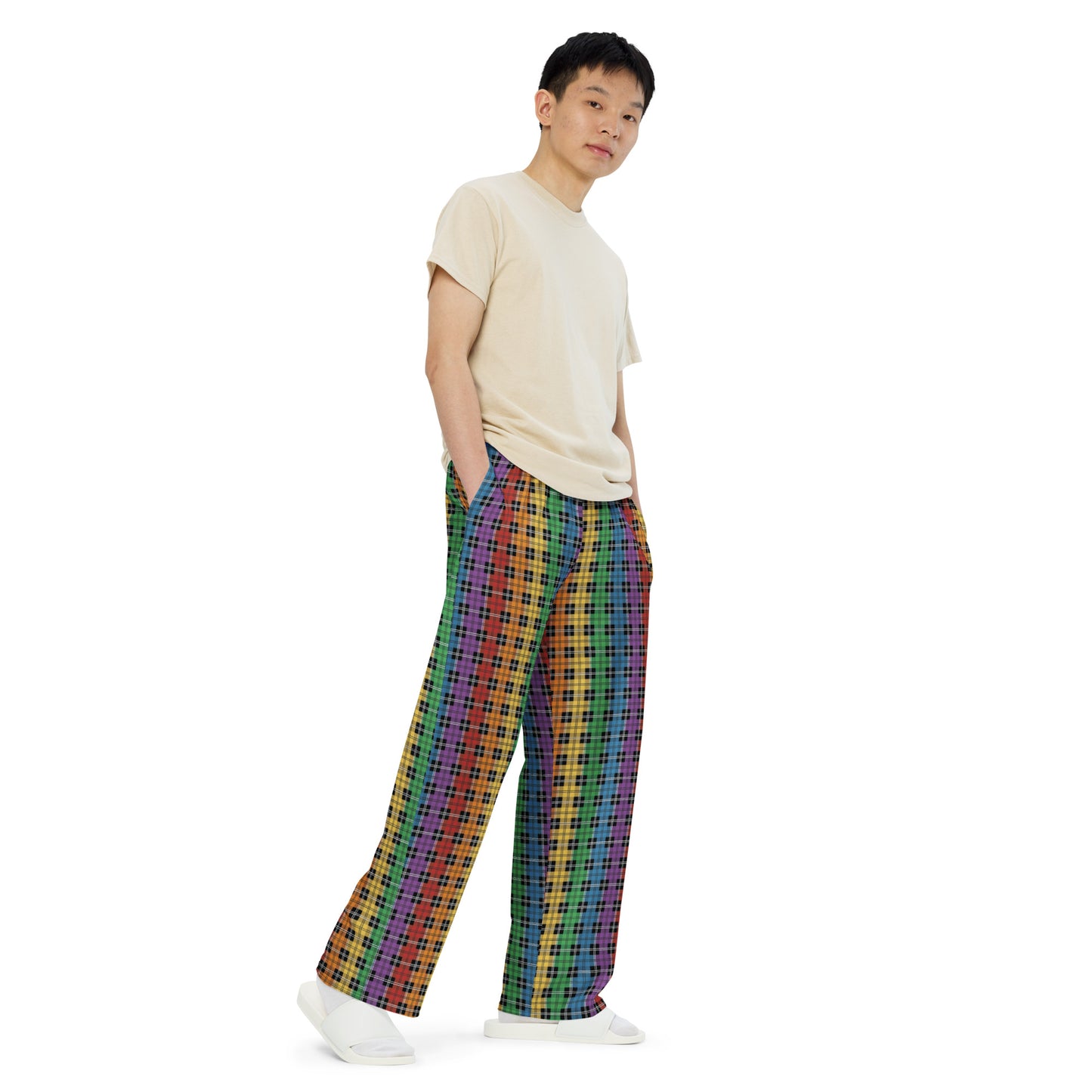 Gay Pride Unisex Rainbow Plaid Wide Leg Pants - LGBTQIA Rainbow Gay Flag - Parade Club PJ Pajamas