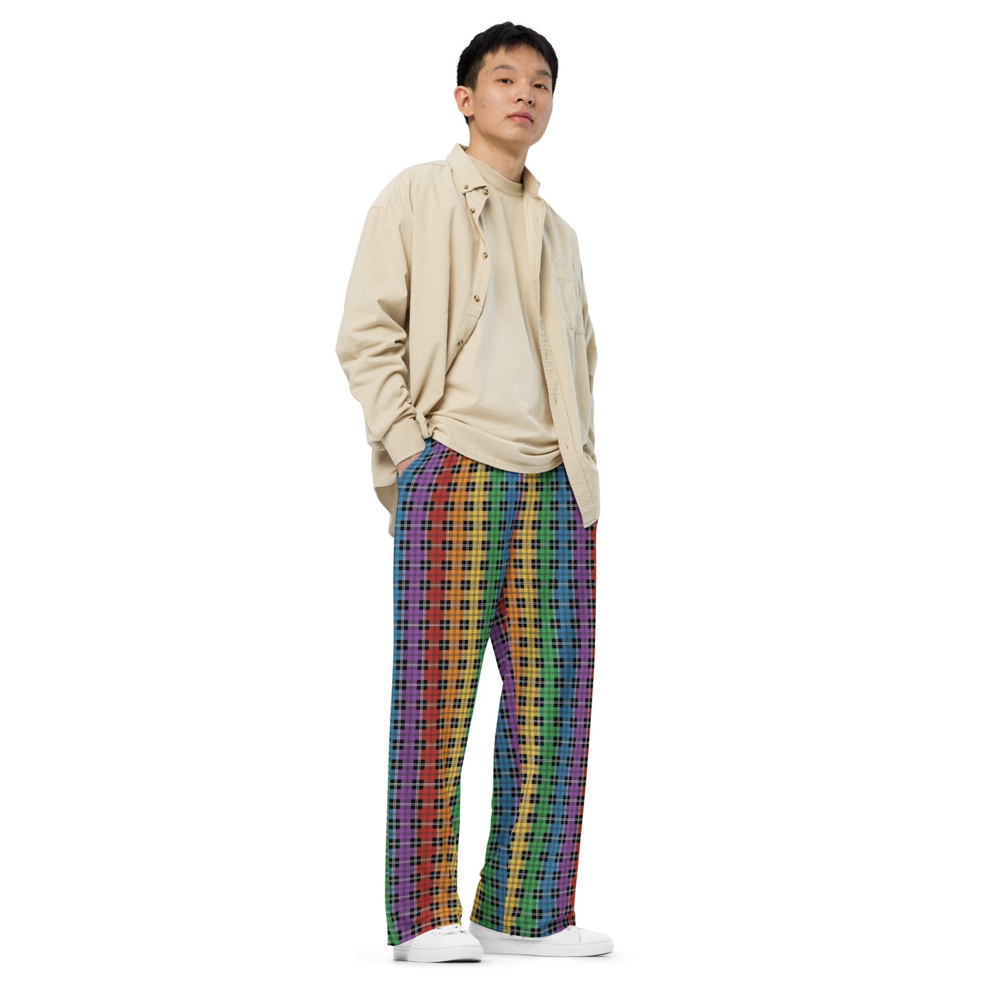 Gay Pride Unisex Rainbow Plaid Wide Leg Pants - LGBTQIA Rainbow Gay Flag - Parade Club PJ Pajamas