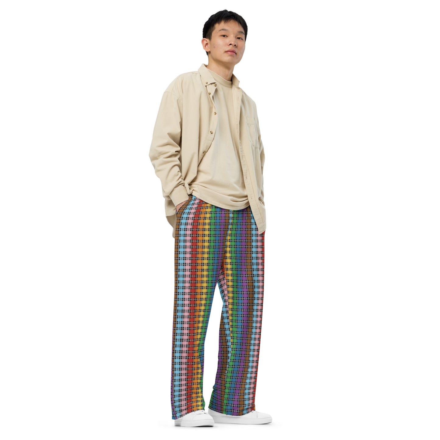 Progress Pride Unisex Rainbow Plaid Wide Leg Pants - LGBTQIA Rainbow Pink White Blue Gay Flag - Parade Club PJ Pajamas