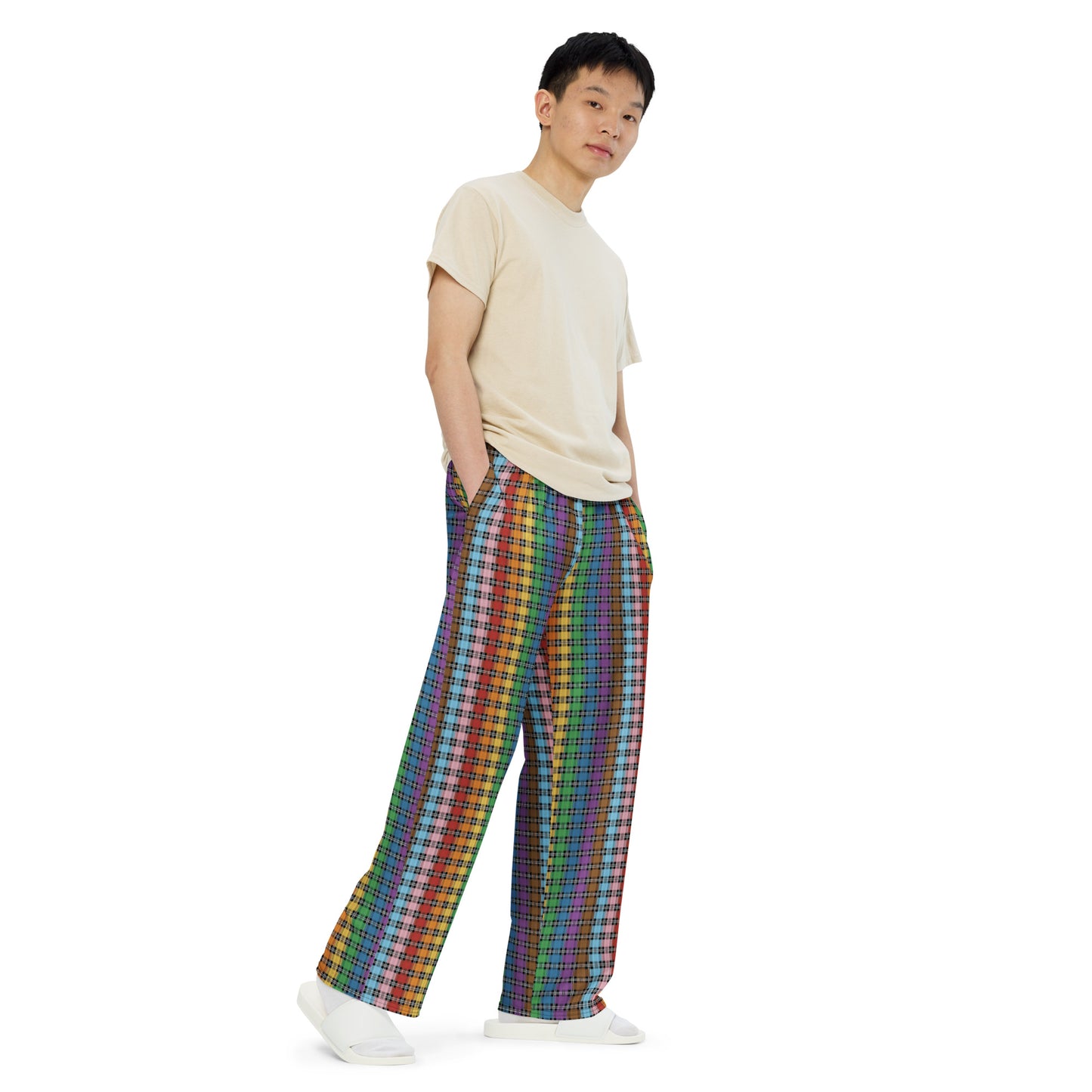 Progress Pride Unisex Rainbow Plaid Wide Leg Pants - LGBTQIA Rainbow Pink White Blue Gay Flag - Parade Club PJ Pajamas