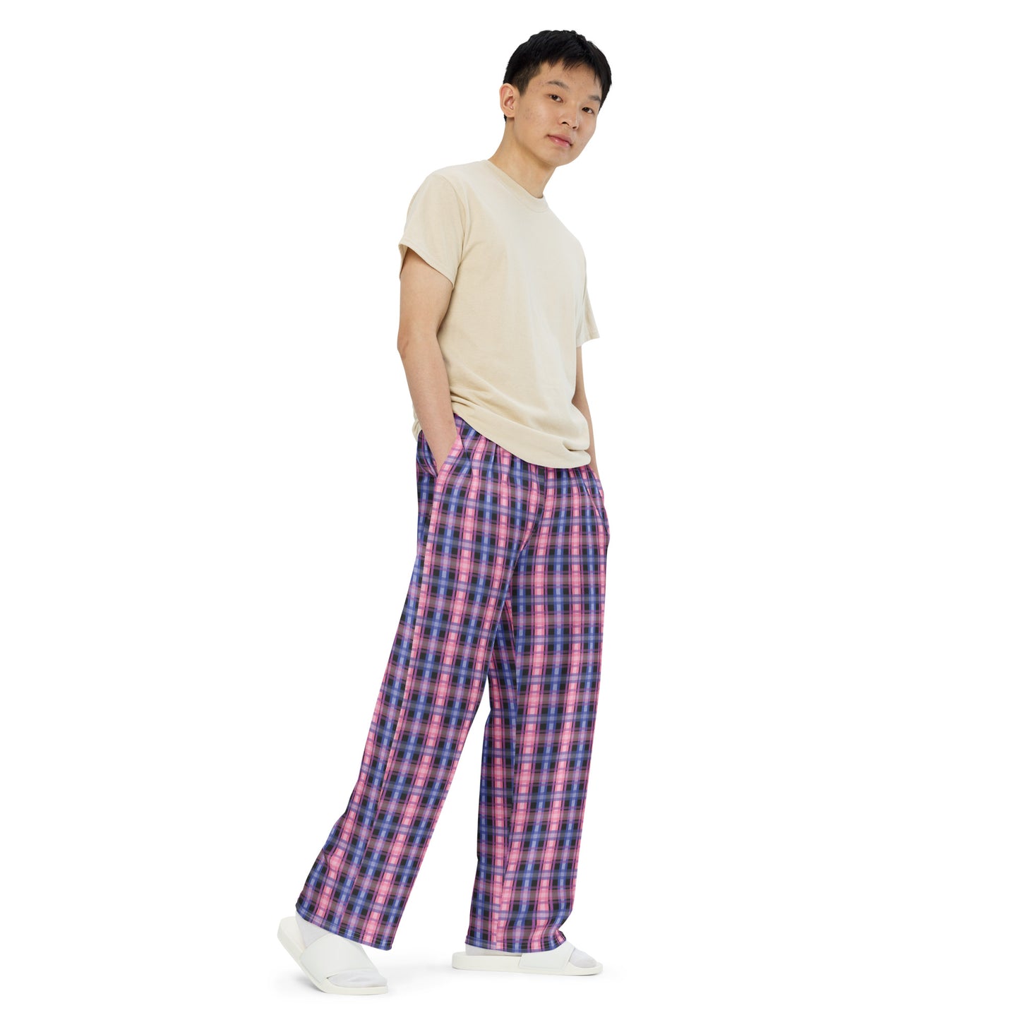 Genderfluid Pride Unisex Plaid Wide Leg Pants - LGBTQIA Pink White Purple Black Blue Flag - Parade Club PJ Pajamas