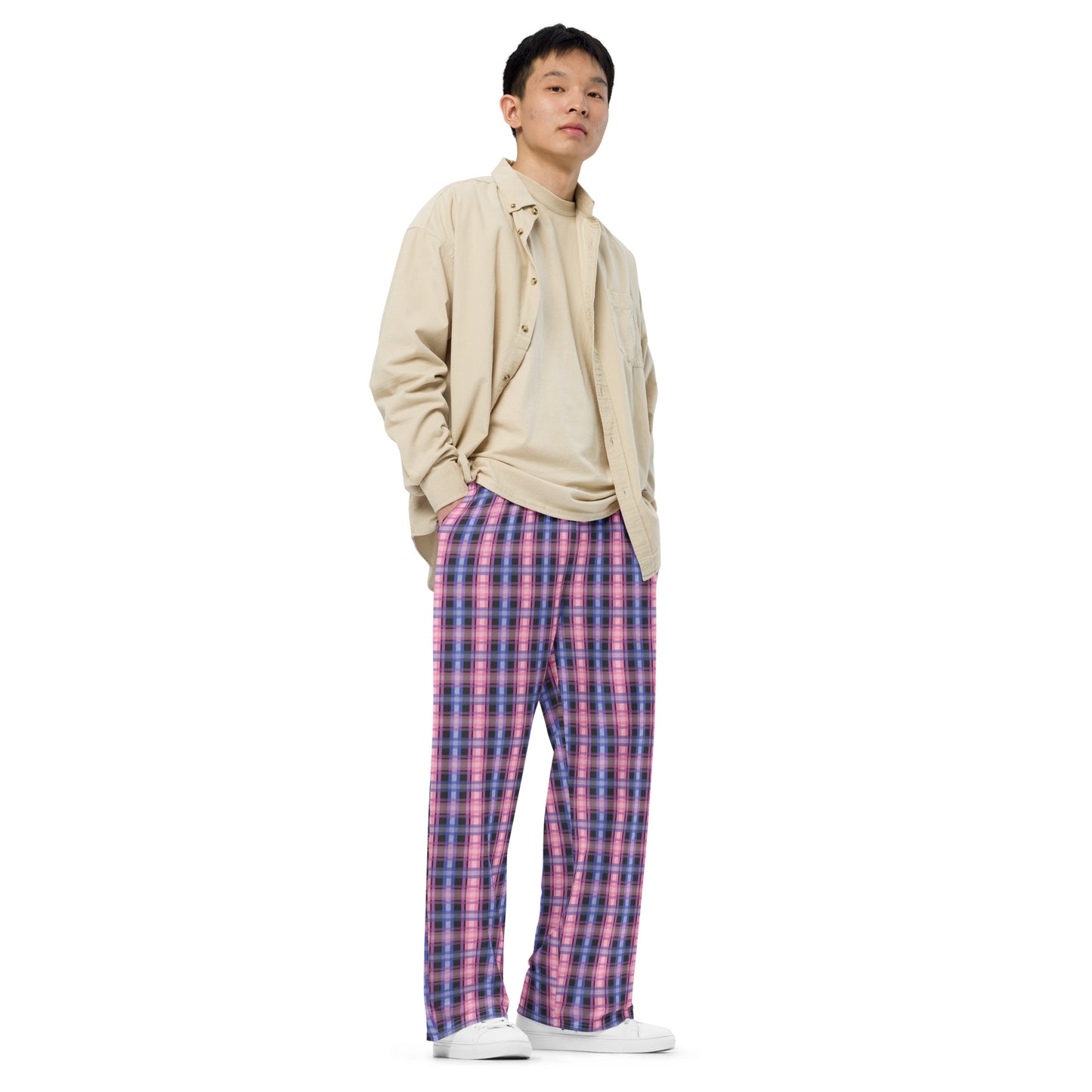 Genderfluid Pride Unisex Plaid Wide Leg Pants - LGBTQIA Pink White Purple Black Blue Flag - Parade Club PJ Pajamas