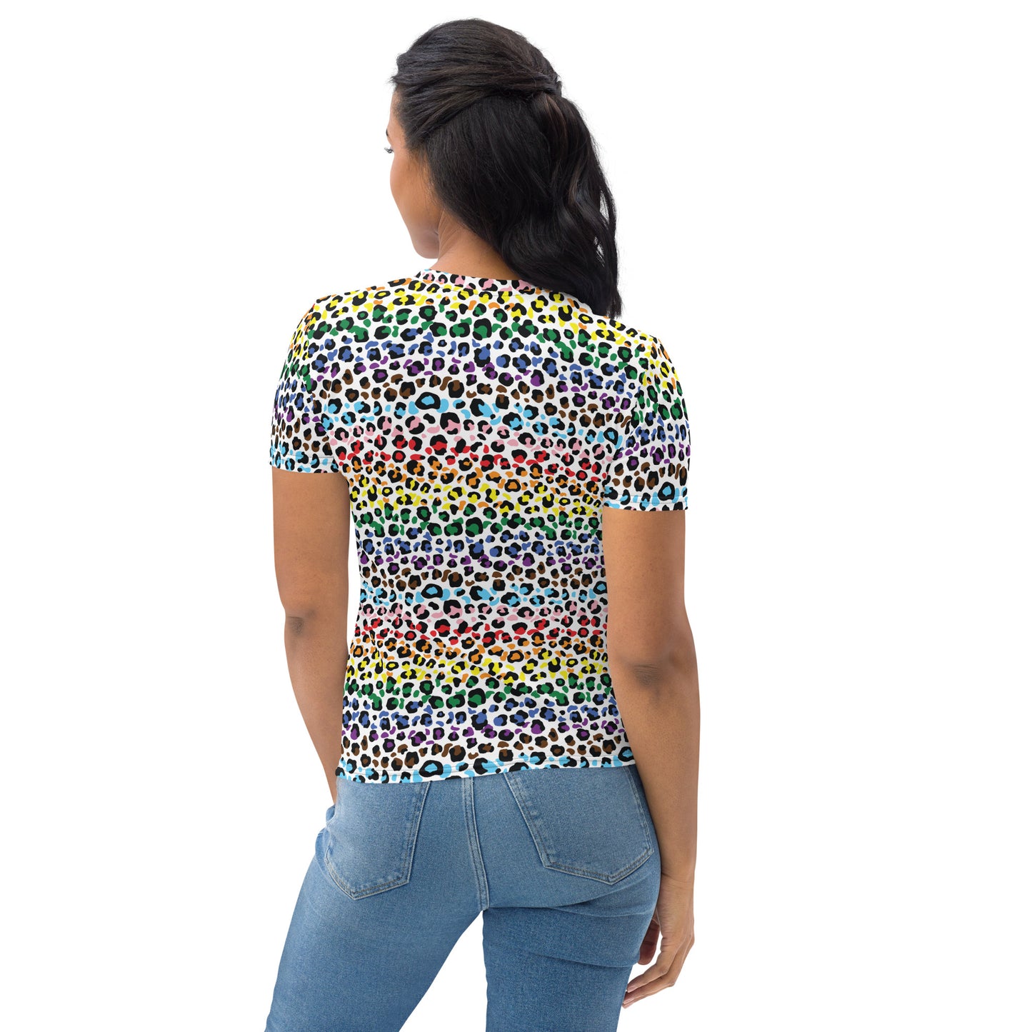 Progress Pride Leopard Print Women's T-Shirt - LGBTQIA Rainbow Gay and Trans Flag Colors - Parade Club Running