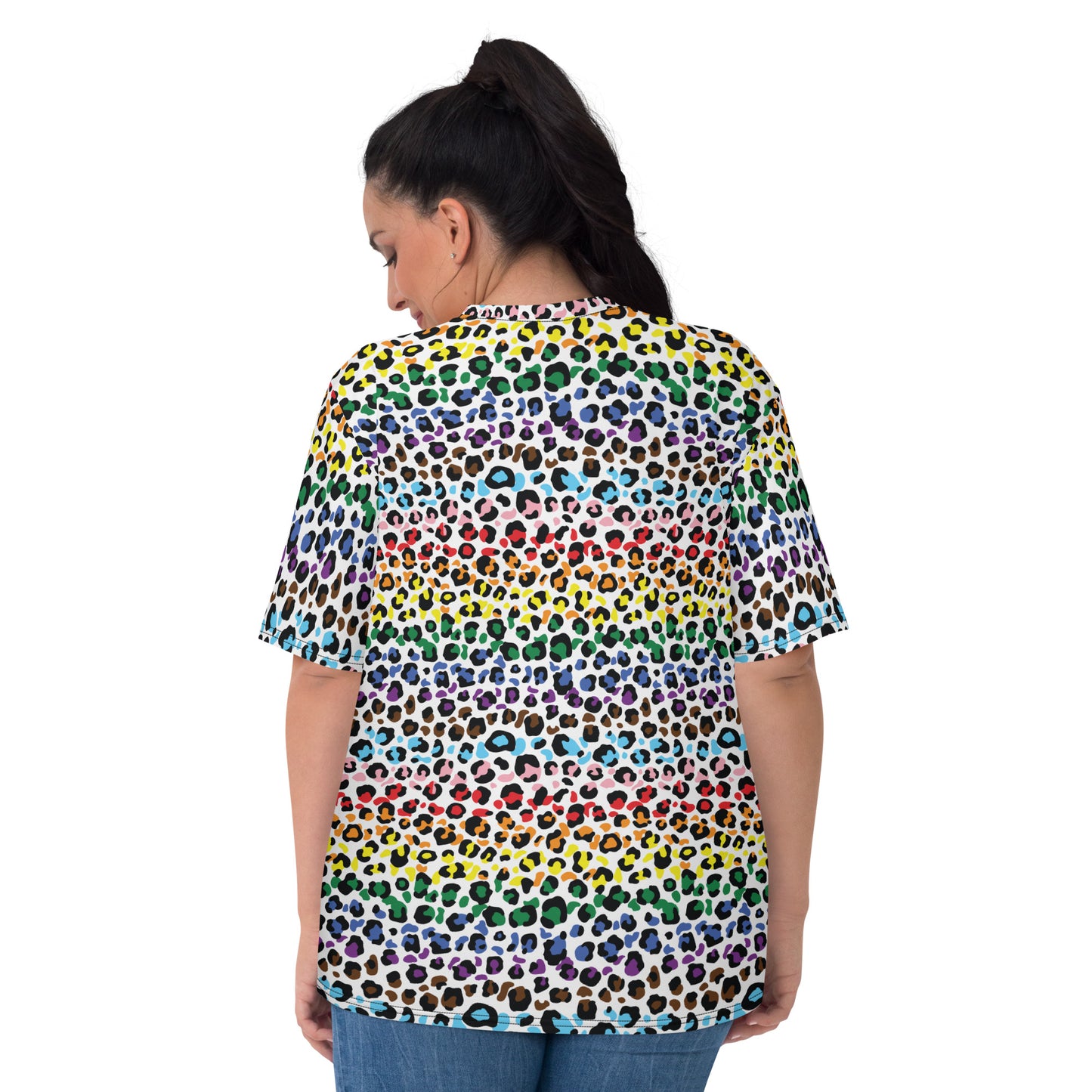 Progress Pride Leopard Print Women's T-Shirt - LGBTQIA Rainbow Gay and Trans Flag Colors - Parade Club Running