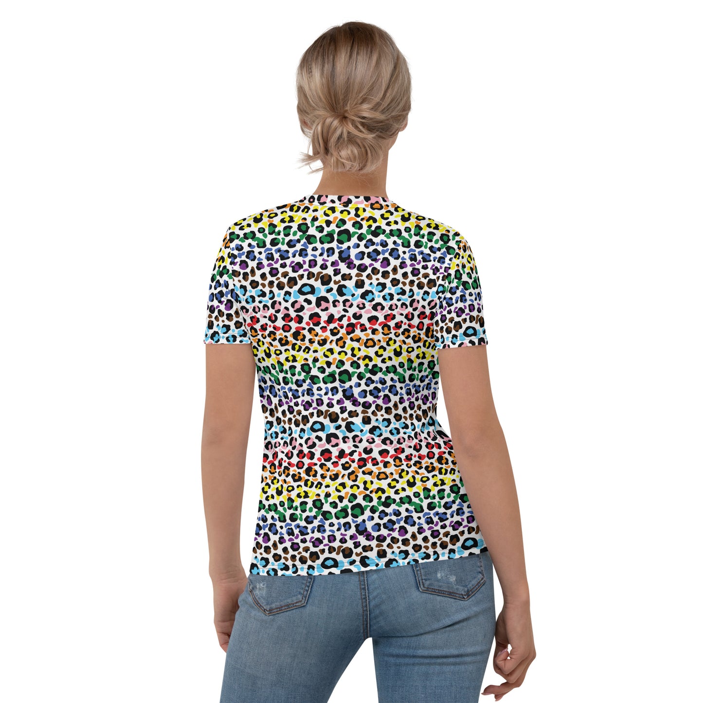 Progress Pride Leopard Print Women's T-Shirt - LGBTQIA Rainbow Gay and Trans Flag Colors - Parade Club Running