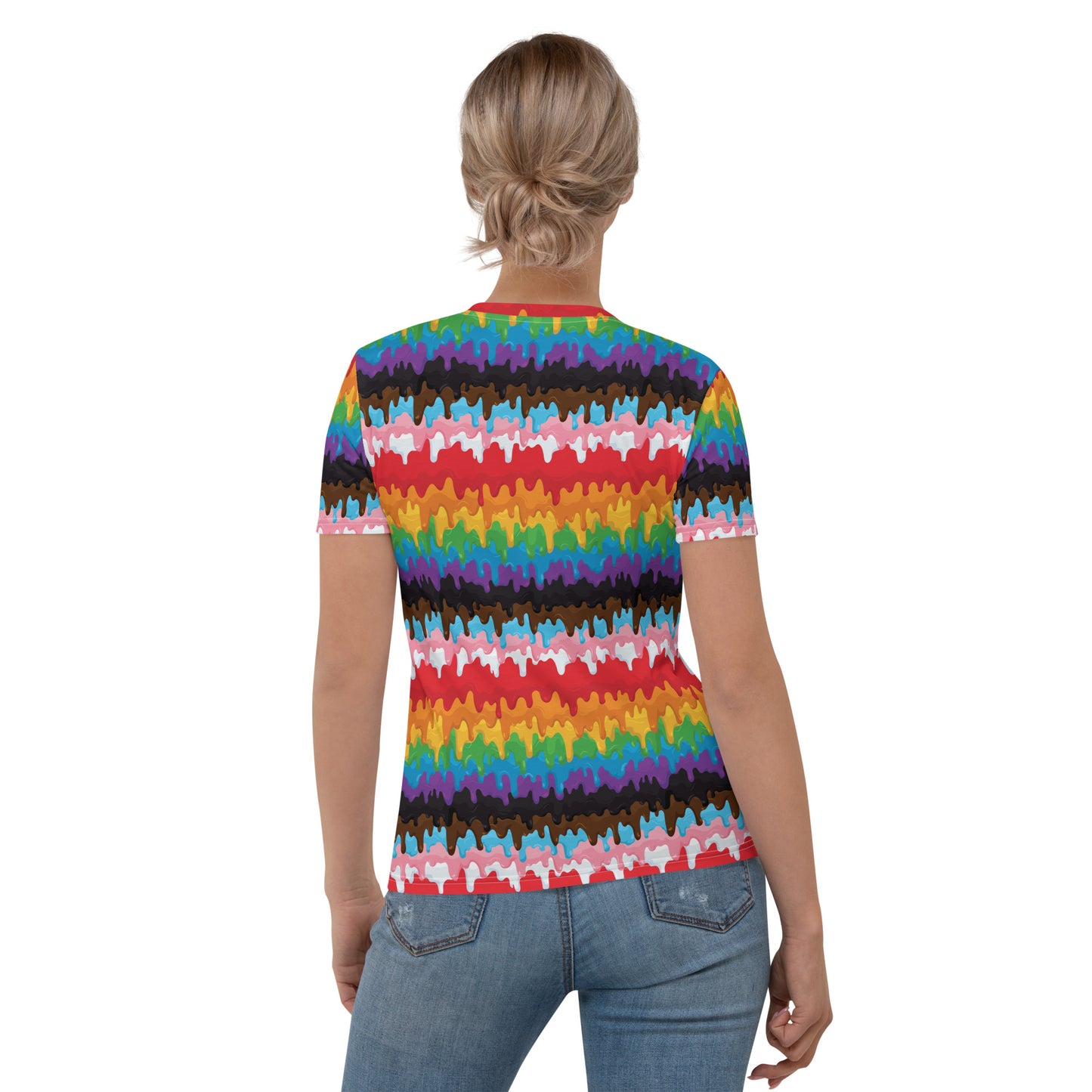 Progress Pride Women’s crew neck T-Shirt - LGBTQIA Red, Orange, Yellow, Green, Rainbow, Purple, Black, Pink and White Flag Casual Tee - Parade Club Vacation Running