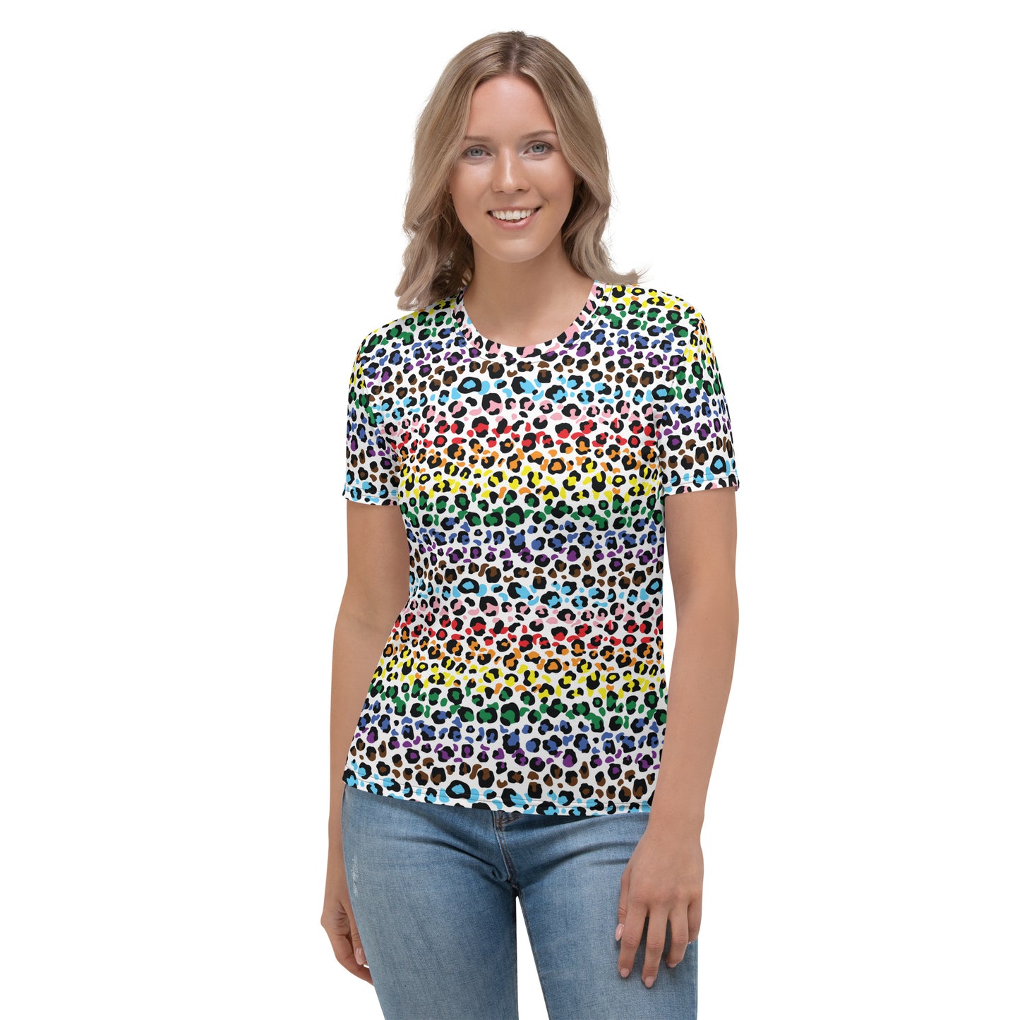 Progress Pride Leopard Print Women's T-Shirt - LGBTQIA Rainbow Gay and Trans Flag Colors - Parade Club Running