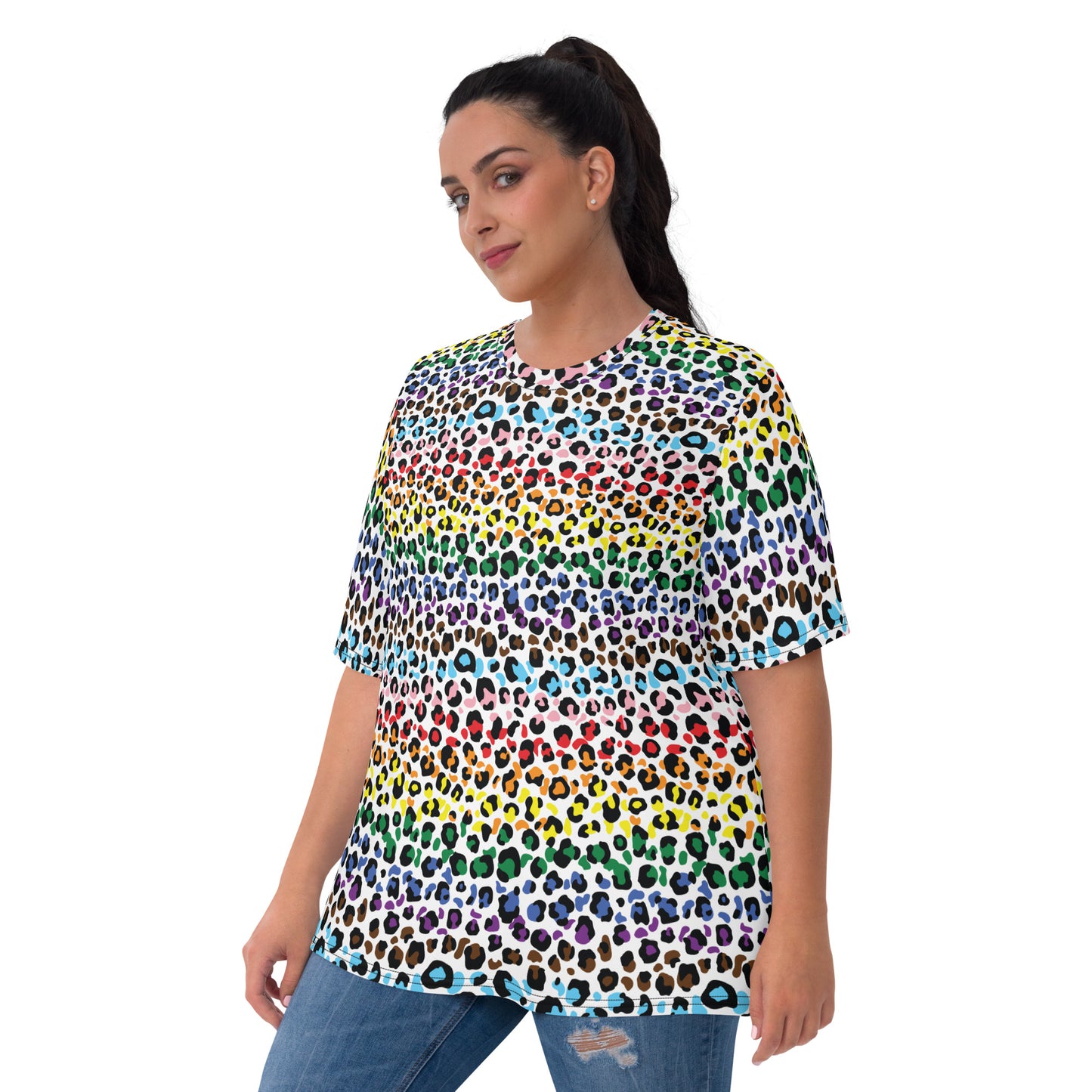 Progress Pride Leopard Print Women's T-Shirt - LGBTQIA Rainbow Gay and Trans Flag Colors - Parade Club Running