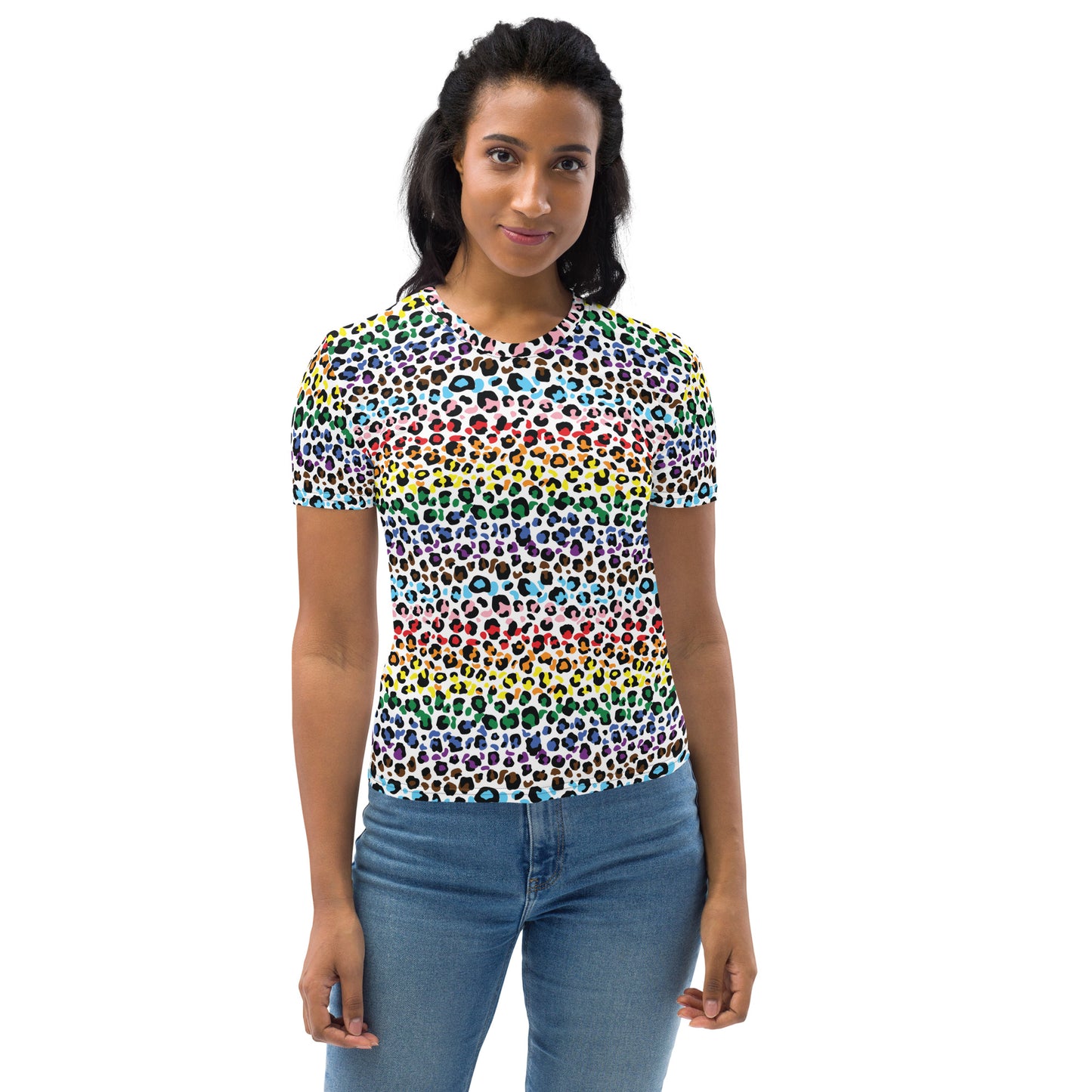 Progress Pride Leopard Print Women's T-Shirt - LGBTQIA Rainbow Gay and Trans Flag Colors - Parade Club Running