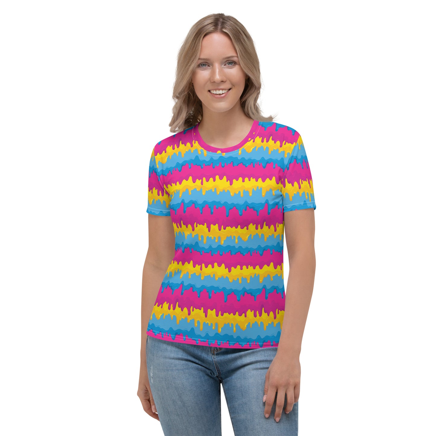 Pansexual Pride Women’s crew neck T-Shirt - LGBTQIA Pink, Blue, Yellow Flag Casual Tee - Parade Club Vacation Running