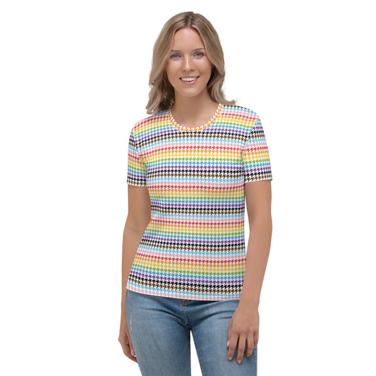 Progress Pride Women’s crew neck T-Shirt - LGBTQIA Red, Orange, Yellow, Green, Rainbow, Purple, Black, Pink and White Flag Casual Tee - Parade Club Vacation Running