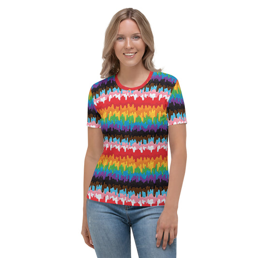 Progress Pride Women’s crew neck T-Shirt - LGBTQIA Red, Orange, Yellow, Green, Rainbow, Purple, Black, Pink and White Flag Casual Tee - Parade Club Vacation Running