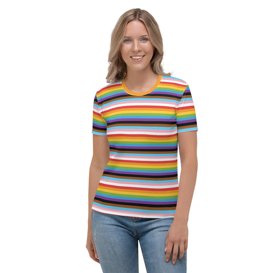 Progress Pride Women’s crew neck T-Shirt - LGBTQIA Red, Orange, Yellow, Green, Rainbow, Purple, Black, Pink and White Flag Casual Tee - Parade Club Vacation Running