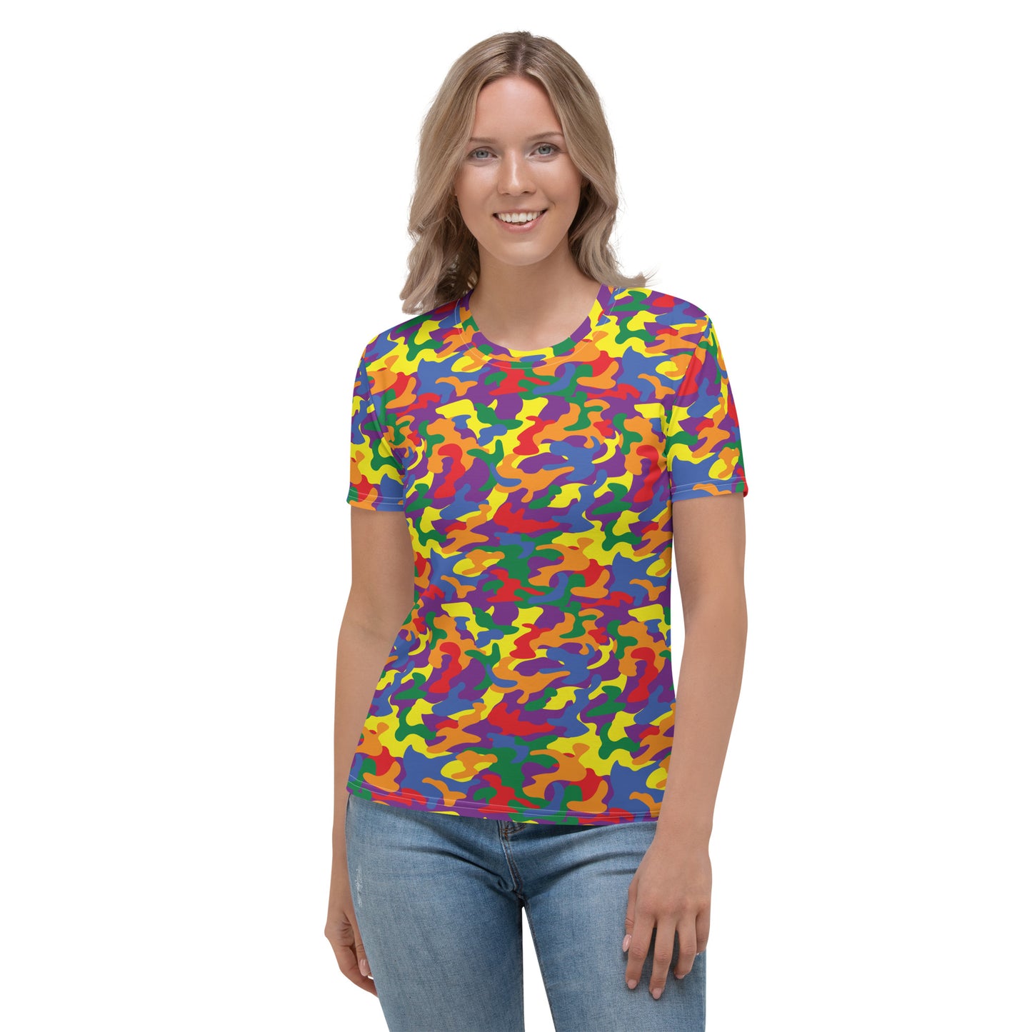 Rainbow Pride Women’s crew neck T-Shirt - LGBTQIA Red, Orange, Yellow, Green, Blue, Indigo, and Viole Flag Casual Tee - Parade Club Vacation Running