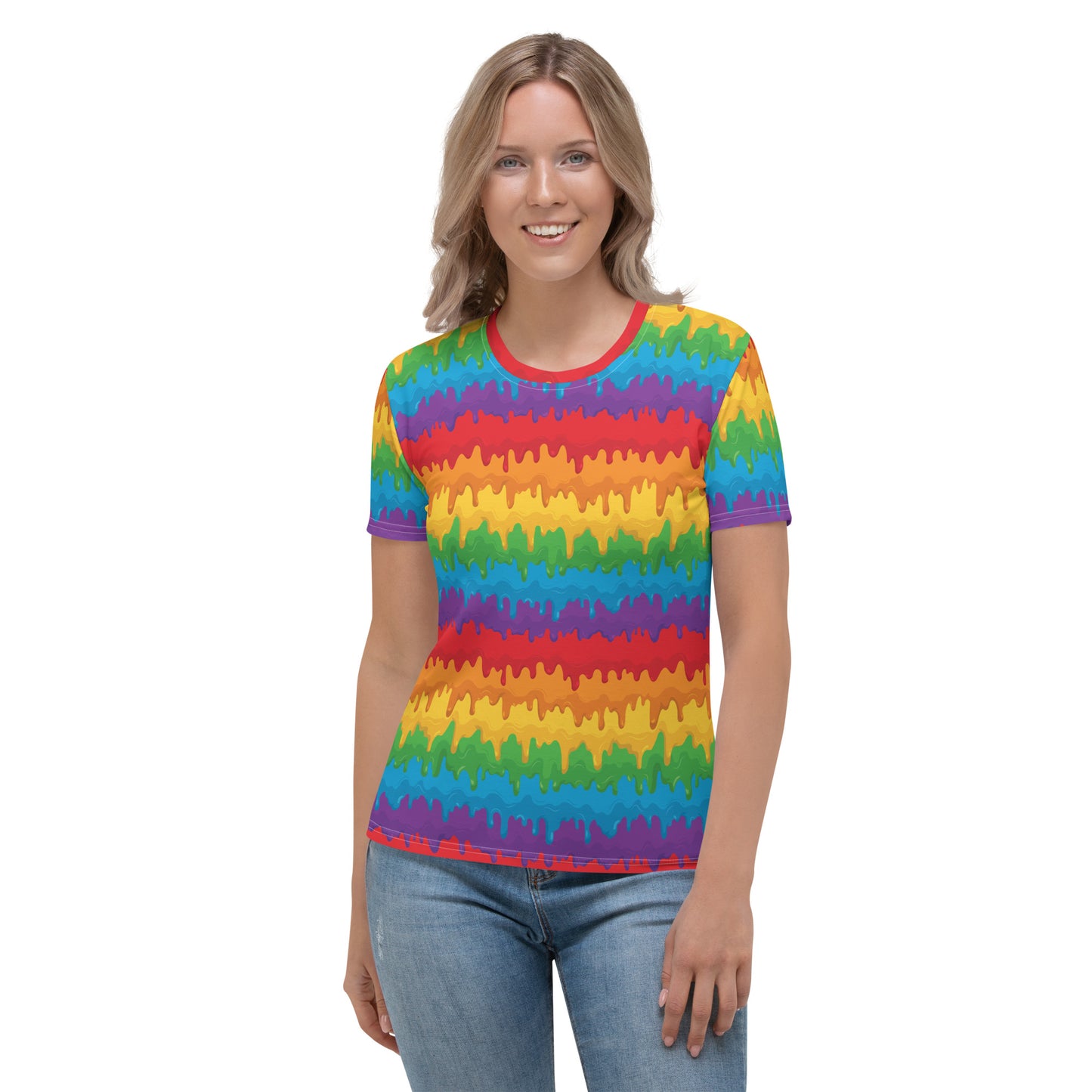 Rainbow Pride Women’s crew neck T-Shirt - LGBTQIA Red, Orange, Yellow, Green, Blue, Indigo, and Viole Flag Casual Tee - Parade Club Vacation Running