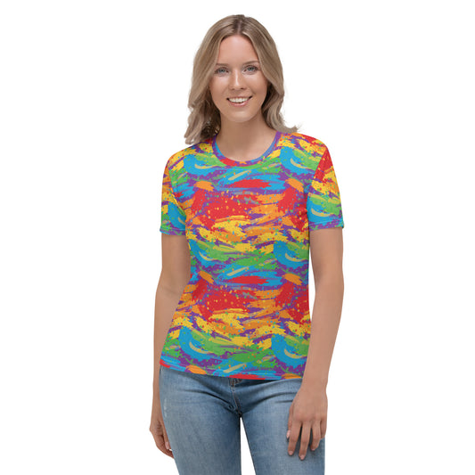 Rainbow Pride Women’s crew neck T-Shirt - LGBTQIA Red, Orange, Yellow, Green, Blue, Indigo, and Viole Flag Casual Tee - Parade Club Vacation Running