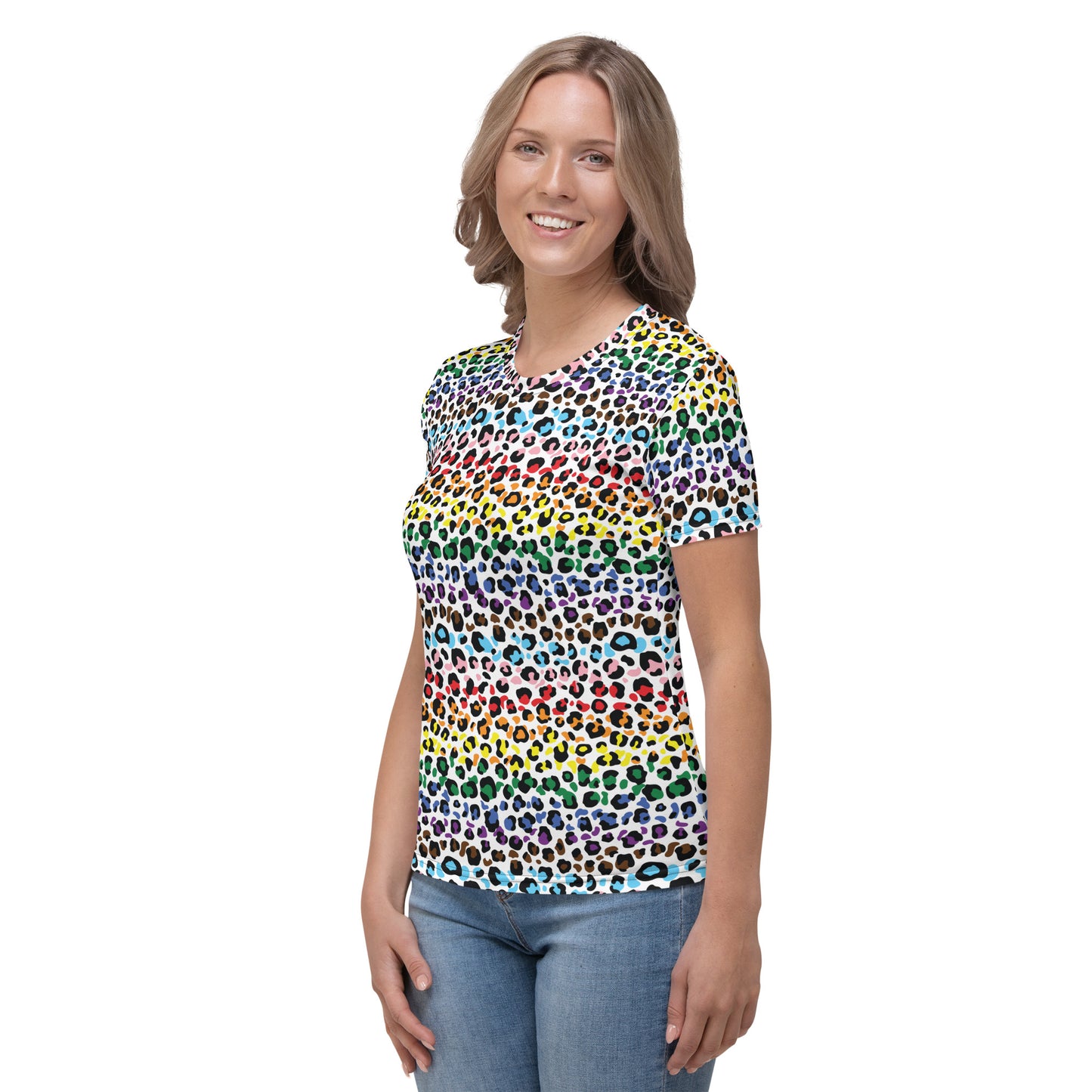 Progress Pride Leopard Print Women's T-Shirt - LGBTQIA Rainbow Gay and Trans Flag Colors - Parade Club Running