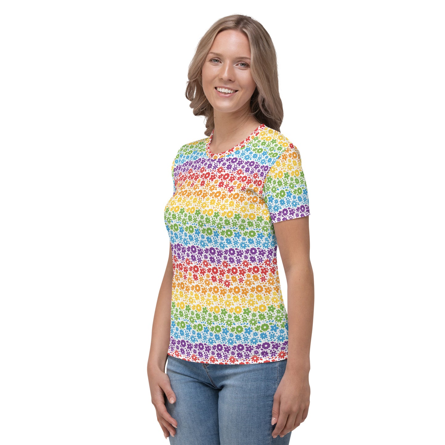 Rainbow Pride Women’s crew neck T-Shirt - LGBTQIA Red, Orange, Yellow, Green, Blue, Indigo, and Viole Flag Casual Tee - Parade Club Vacation Running