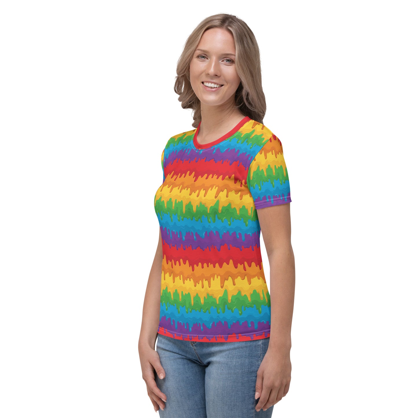 Rainbow Pride Women’s crew neck T-Shirt - LGBTQIA Red, Orange, Yellow, Green, Blue, Indigo, and Viole Flag Casual Tee - Parade Club Vacation Running