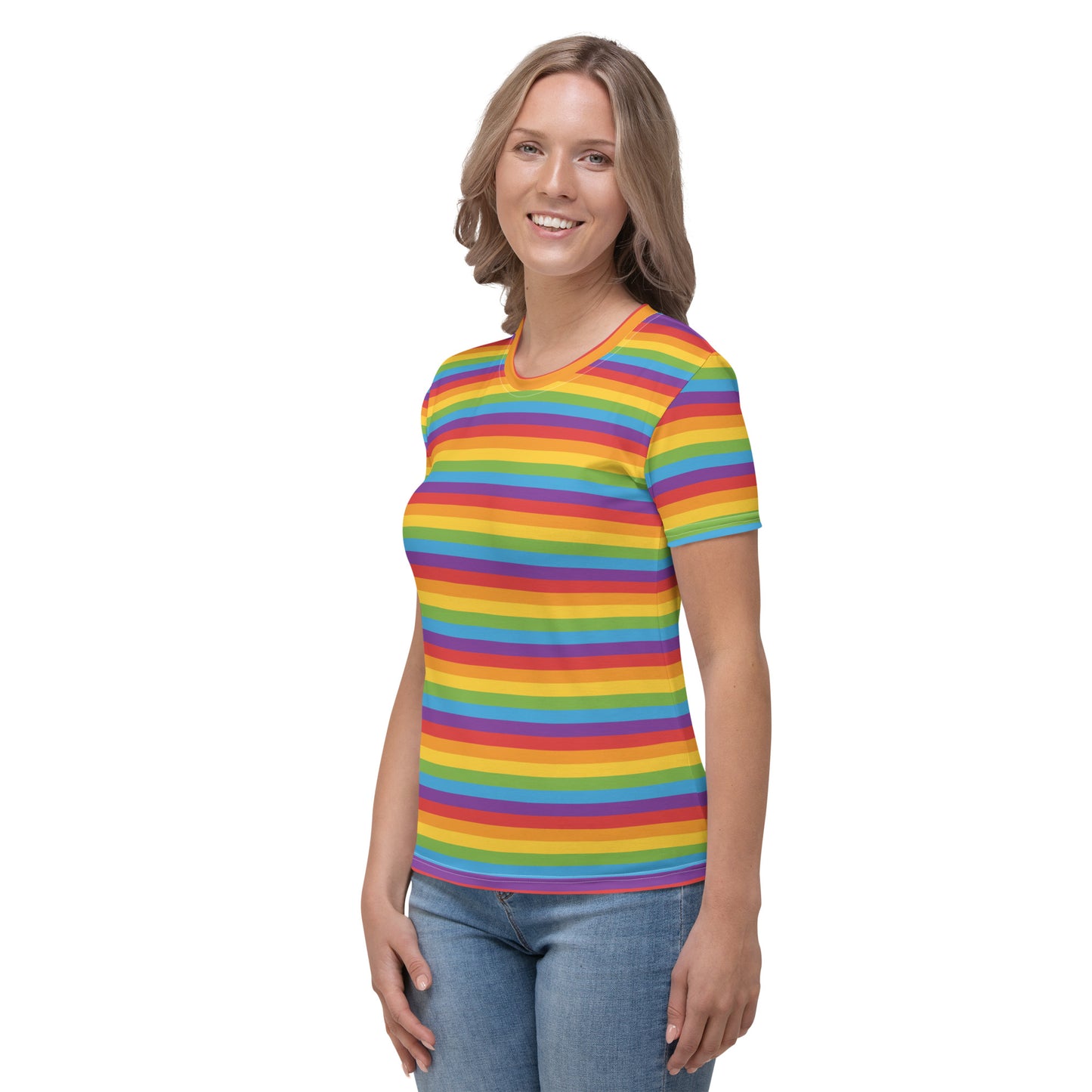 Rainbow Pride Women’s crew neck T-Shirt - LGBTQIA Red, Orange, Yellow, Green, Blue, Indigo, and Viole Flag Casual Tee - Parade Club Vacation Running