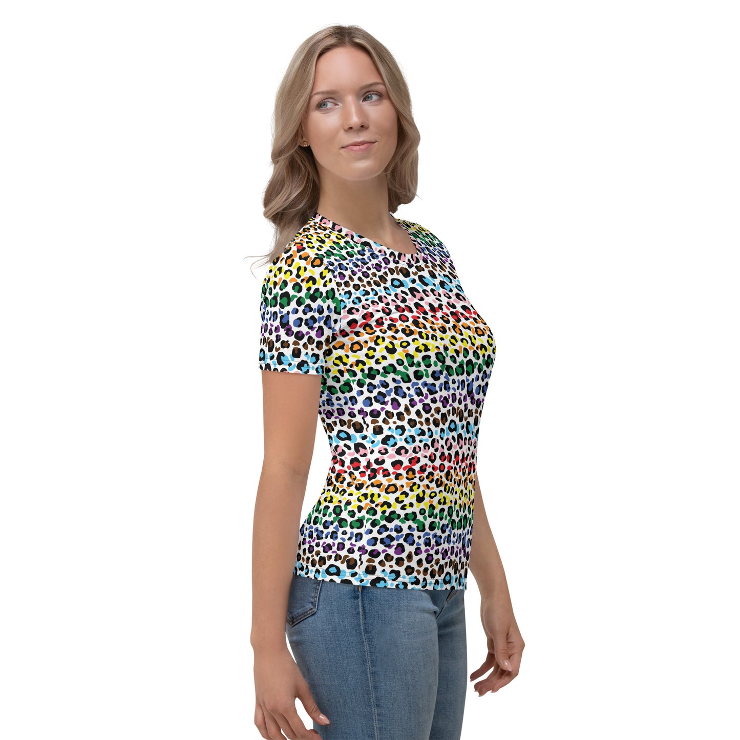 Progress Pride Leopard Print Women's T-Shirt - LGBTQIA Rainbow Gay and Trans Flag Colors - Parade Club Running