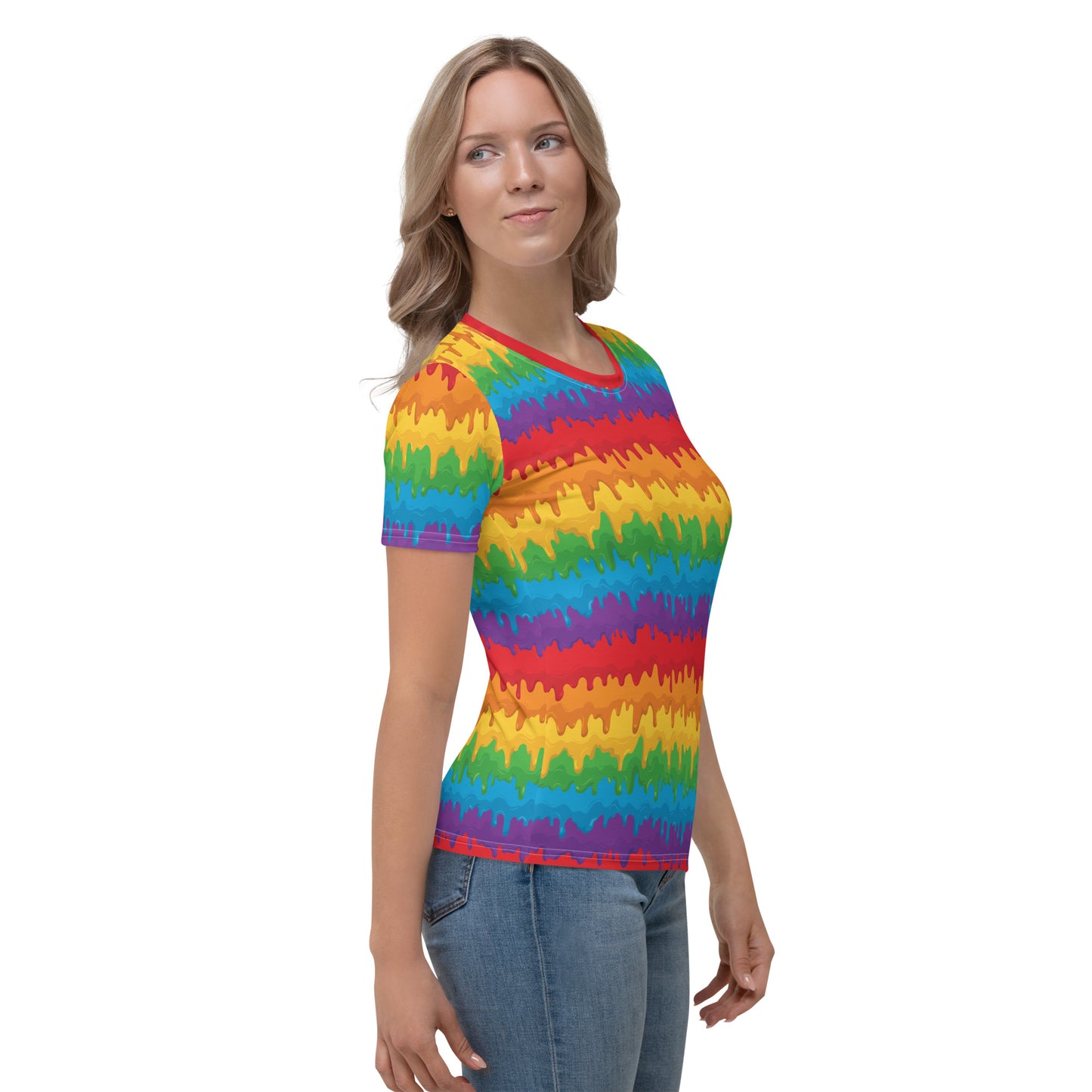 Rainbow Pride Women’s crew neck T-Shirt - LGBTQIA Red, Orange, Yellow, Green, Blue, Indigo, and Viole Flag Casual Tee - Parade Club Vacation Running