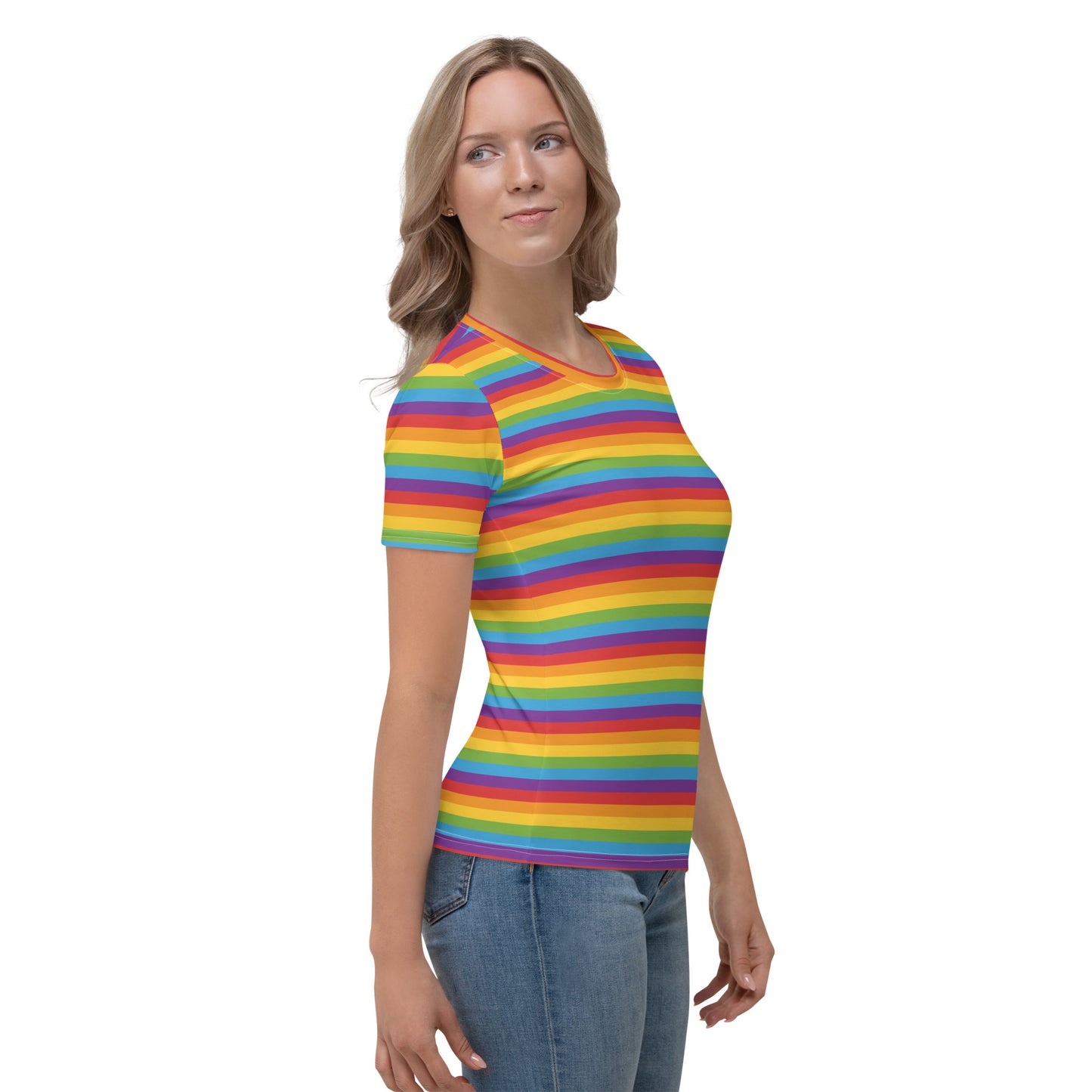 Rainbow Pride Women’s crew neck T-Shirt - LGBTQIA Red, Orange, Yellow, Green, Blue, Indigo, and Viole Flag Casual Tee - Parade Club Vacation Running