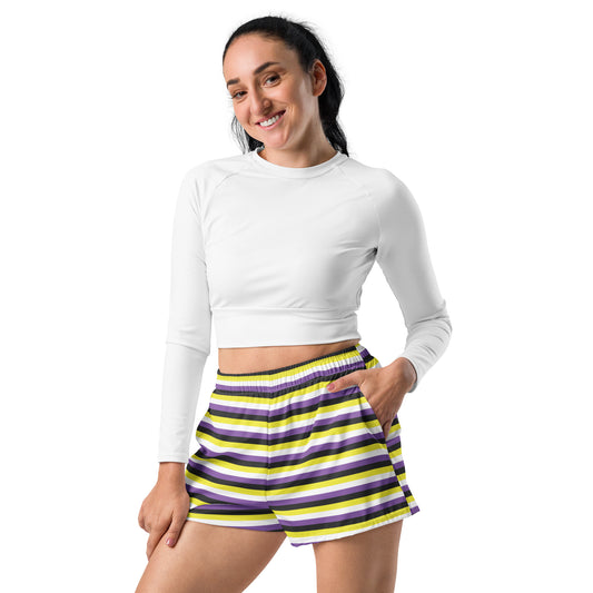 Non Binary Pride Women’s Recycled Athletic Shorts - LGBTQIA Yellow, Purple, White, Black Athletic Short Pants - Parade Club Vacation Running Swimming