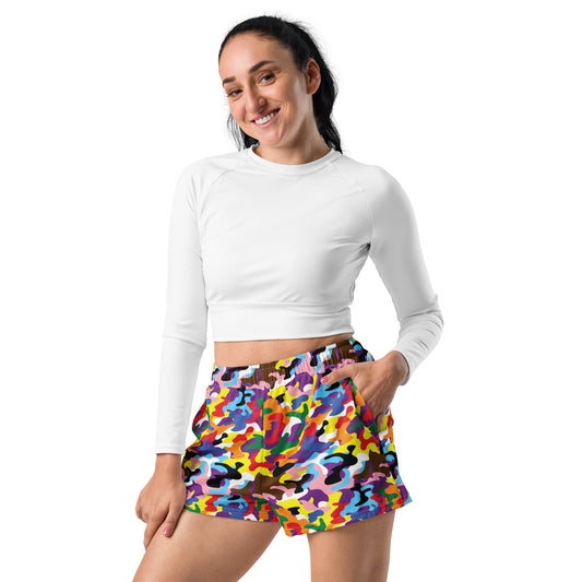 Progress Pride Women’s Recycled Athletic Shorts - LGBTQIA Red, Orange, Yellow, Green, Rainbow, Purple, Black, Pink and White Athletic Short Pants - Parade Club Vacation Running Swimming