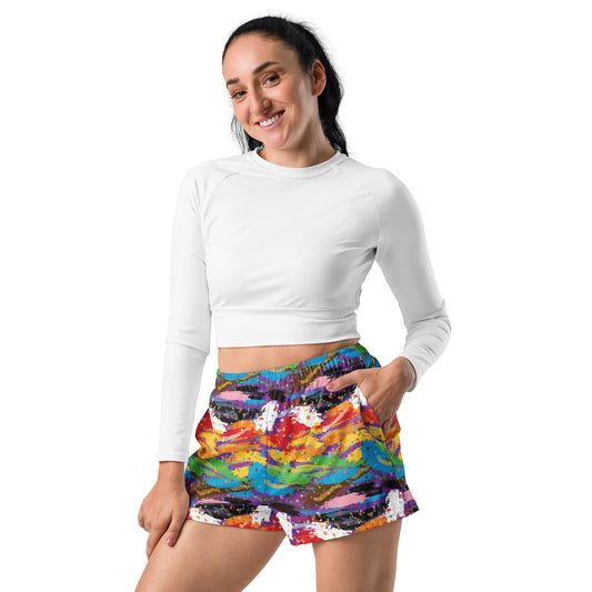 Progress Pride Women’s Recycled Athletic Shorts - LGBTQIA Red, Orange, Yellow, Green, Rainbow, Purple, Black, Pink and White Athletic Short Pants - Parade Club Vacation Running Swimming