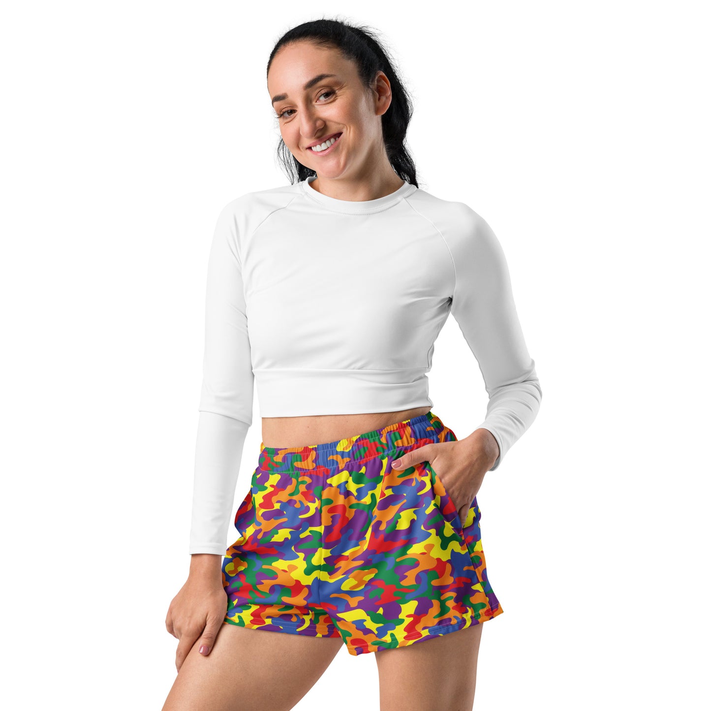 Rainbow Pride Women’s Recycled Athletic Shorts - LGBTQIA Red, Orange, Yellow, Green, Blue, Indigo, and Viole Athletic Short Pants - Parade Club Vacation Running Swimming