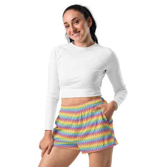 Rainbow Pride Women’s Recycled Athletic Shorts - LGBTQIA Red, Orange, Yellow, Green, Blue, Indigo, and Viole Athletic Short Pants - Parade Club Vacation Running Swimming