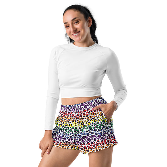 Rainbow Pride Women’s Recycled Athletic Shorts - LGBTQIA Red, Orange, Yellow, Green, Blue, Indigo, and Viole Athletic Short Pants - Parade Club Vacation Running Swimming