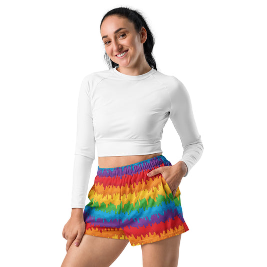 Rainbow Pride Women’s Recycled Athletic Shorts - LGBTQIA Red, Orange, Yellow, Green, Blue, Indigo, and Viole Athletic Short Pants - Parade Club Vacation Running Swimming