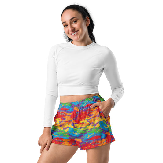 Rainbow Pride Women’s Recycled Athletic Shorts - LGBTQIA Red, Orange, Yellow, Green, Blue, Indigo, and Viole Athletic Short Pants - Parade Club Vacation Running Swimming