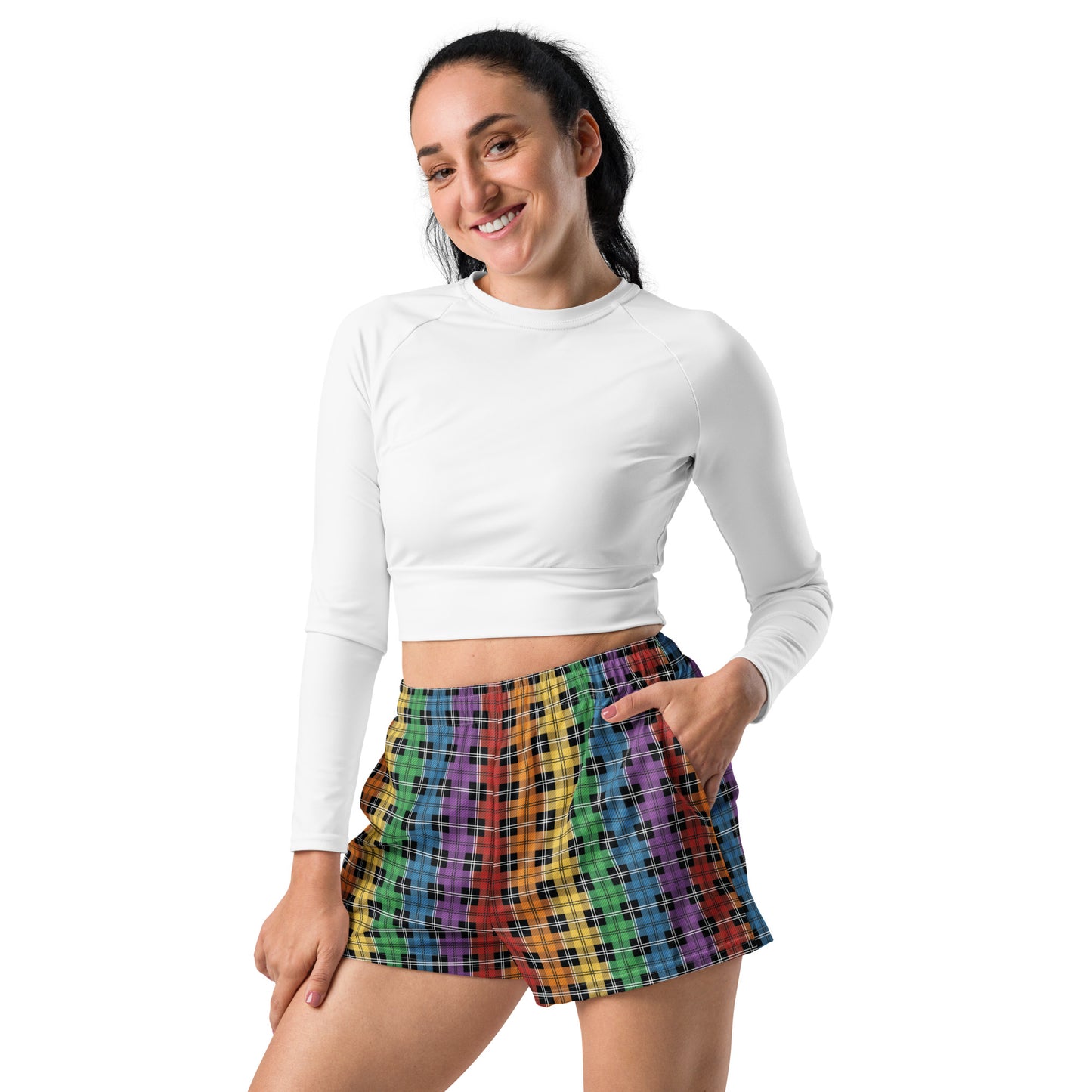 Rainbow Pride Women’s Recycled Athletic Shorts - LGBTQIA Red, Orange, Yellow, Green, Blue, Indigo, and Viole Athletic Short Pants - Parade Club Vacation Running Swimming