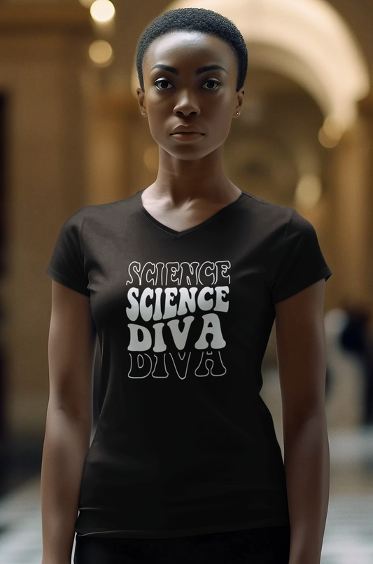 Science Diva Ladies' V-Neck T-Shirt - Science Enthusiast Tee - Girl Woman Female Scientist or Science Lover Shirt - Science Teacher Appreciation